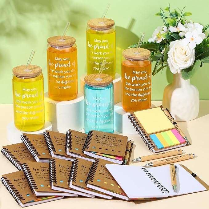 Skylety 12 Sets Teachers Appreciation Gifts Bulk May You Be Proud of The Work You Do 16 oz Glass Cups with Lids Straws Notebooks Pens for Nurse Employee Team Staff Coworker