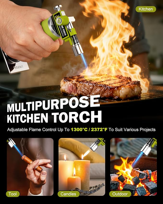 RAVS DUAL Flame Mode Butane Torch Lighter, Refillable Kitchen Torch, Metal Body Creme Brulee Torch for Baking, Cooking, Resin Art with Adjustable Flame, Green Soldering Torch, Butane Gas Not Included