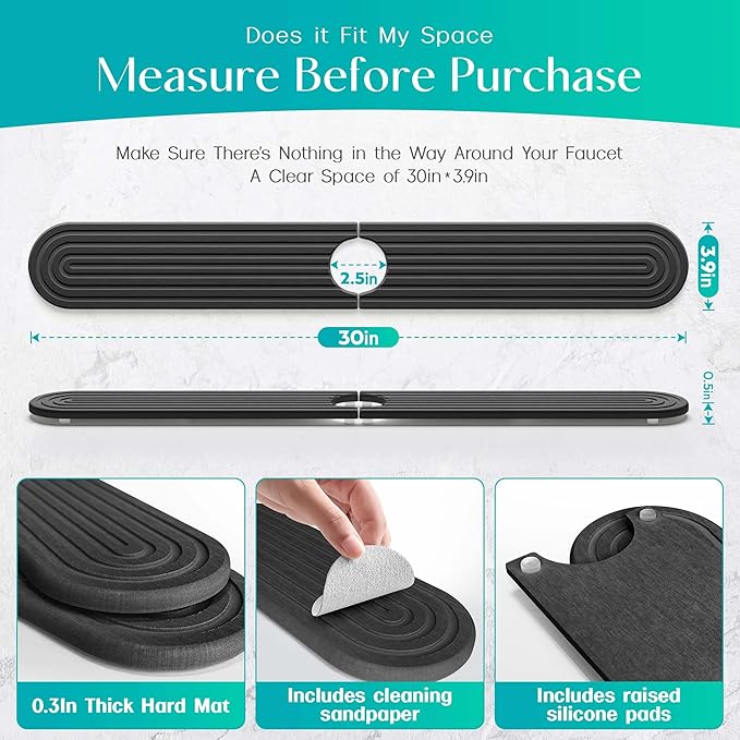 Stone Faucet Mat for Kitchen Sink – Diatomite Fast-Drying Stone Tray, Faucet Mat Sink Splash Guard, Decorative Sink Protector for Kitchen Bathroom Counter (Dark Grey, 30''x3.9'')