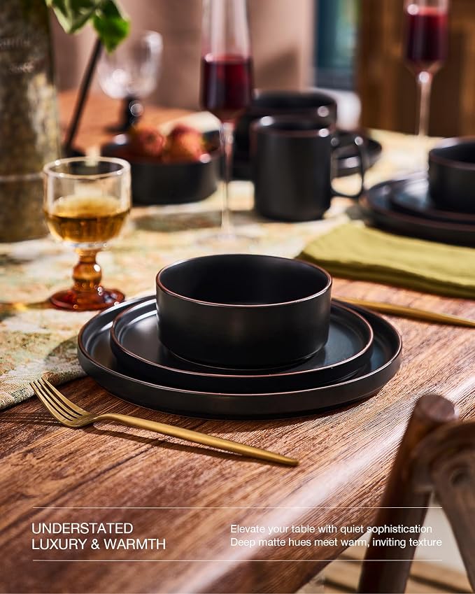 Famiware Nebula Ridge Stoneware Dinnerware Sets with Pasta Bowls, Plates and Bowls Sets, Service for 4 (16 Pieces), Microwave and Dishwasher Safe Kitchen Plates, Matte Black