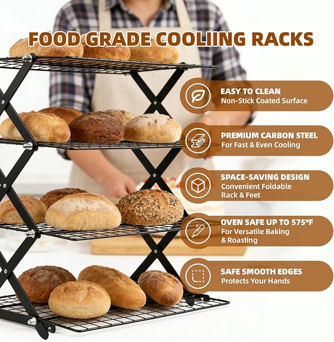 5 Tier Collapsible Cooling Rack with Adjustable 6 Setting Design stackable wire rack for baking sheet for Cookies Baking Gifts for Women (Black, 5-Tier)