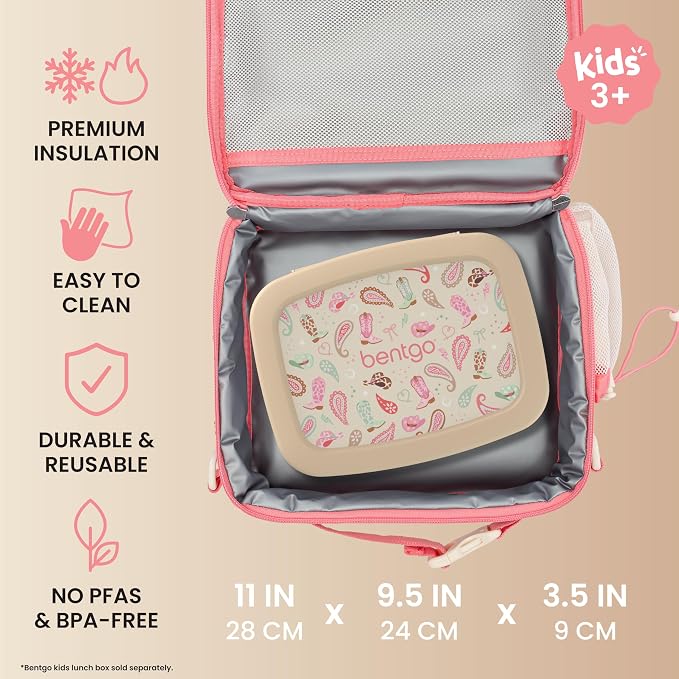 Bentgo Kids Prints Lunch Bag - Double-Insulated, Reusable, for Kids 3+, Adjustable Strap; Holds Lunch Box/Water Bottle/Snacks; Easy-Clean, Water-Resistant, Pockets (NEW Cowgirl Dreams)