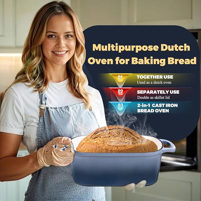 4.6 Quart Dutch Oven for Sourdough Bread Baking, Combo Oval Enameled Cast Iron Bread Pan with Lid, Bread Dutch Oven for a Crispy Crust, Seasalt