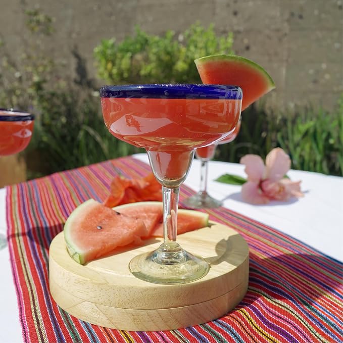 Cobalt Blue Rim Margarita Glasses Set of 4 – Hand Blown Mexican Glassware – 14 oz Recycled Glass Margarita Glass – Hand blown Mexican Drinking Glasses for Cocktails & Tequila