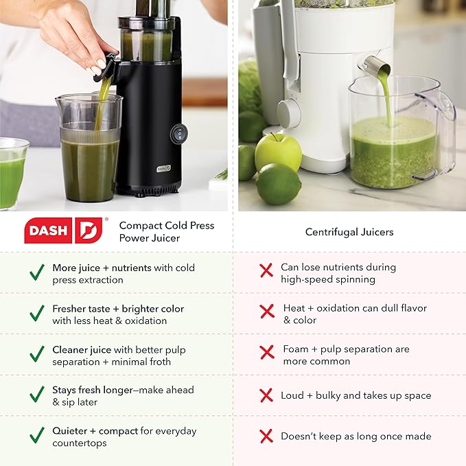 Dash Deluxe Compact Cold Press Juicer - Slow Masticating Juicer Machine for Fruits and Vegetables with Frozen Attachment - Easy to Clean Juice Press for Home Countertops - Black