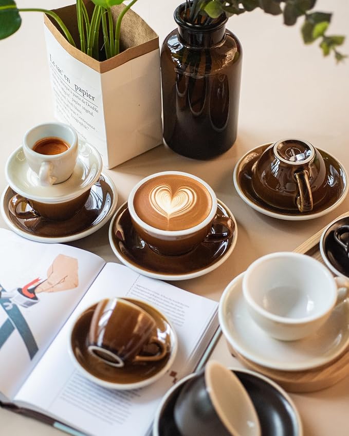 Loveramics Coffee Cup Ceramic, 8 oz Latte Art Cup with Saucer for Cappuccino, Tea, Espresso, Thick - walled stoneware Cappuccino mug Set for Cafe and Barista - Potters Colours (Caramel, 8OZ)