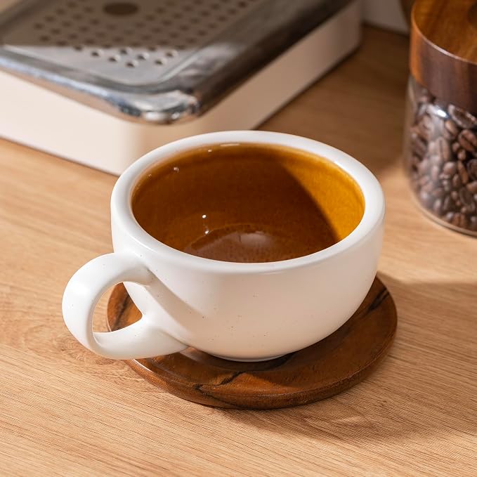 Ceramic Latte Coffee Cup with Wood Saucer Set of 1, Barista Cappuccino Latte Tea Cup Set for Home Café, Vintage Coffee Mug Unique Kiln-Fired Variegated Brown Interior Mug Aesthetic Kitchen Drinkware