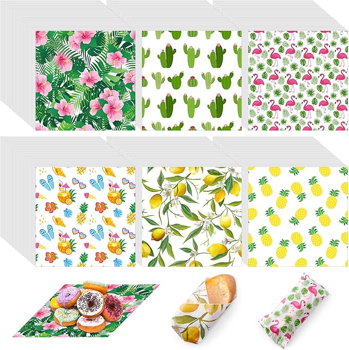 Reallnaive 960 Pcs Summer Theme Wax Paper Sheets 12 x 12 Inch Parchment Deli Tissue Paper Sandwich Wrapping Sheets Food Basket Liners for Kitchen Restaurant Baking Supplies, 6 Styles