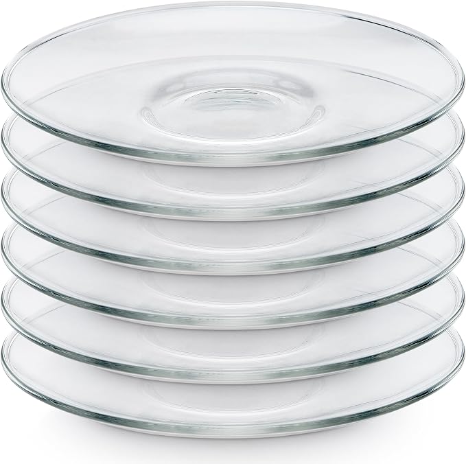 Teabloom Clear Glass Saucers Set of 6 – 6.3 Inch Borosilicate Glass Cup Saucers – Dishwasher Safe – Fits Standard Tea Cups & Mugs – Small Serving Dish for Desserts & Fruits