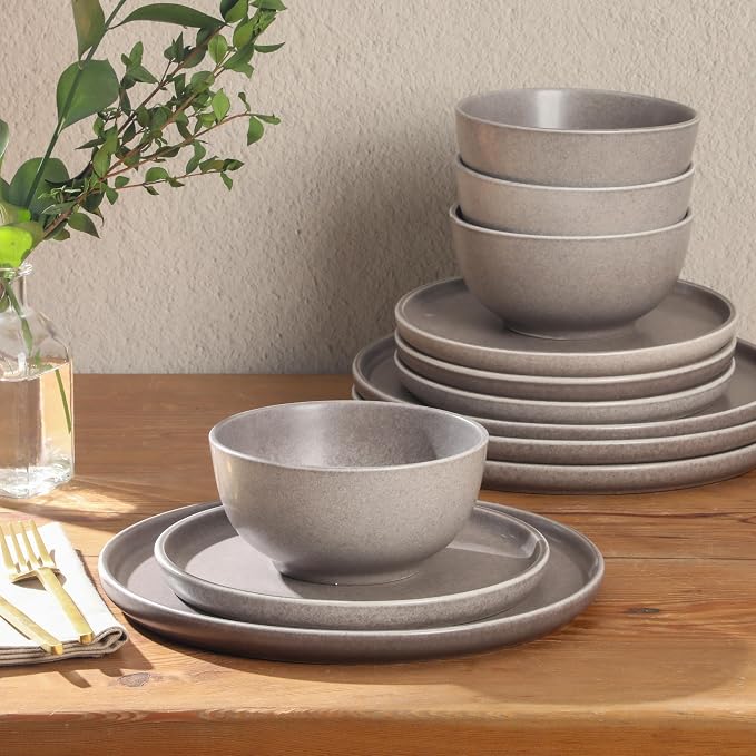 Gibson Elite 12 Piece (Service for 4) Eden Rock Plates and Bowls Reactive Glaze Round Dishes Stoneware Ceramic Dinnerware Set - Grey