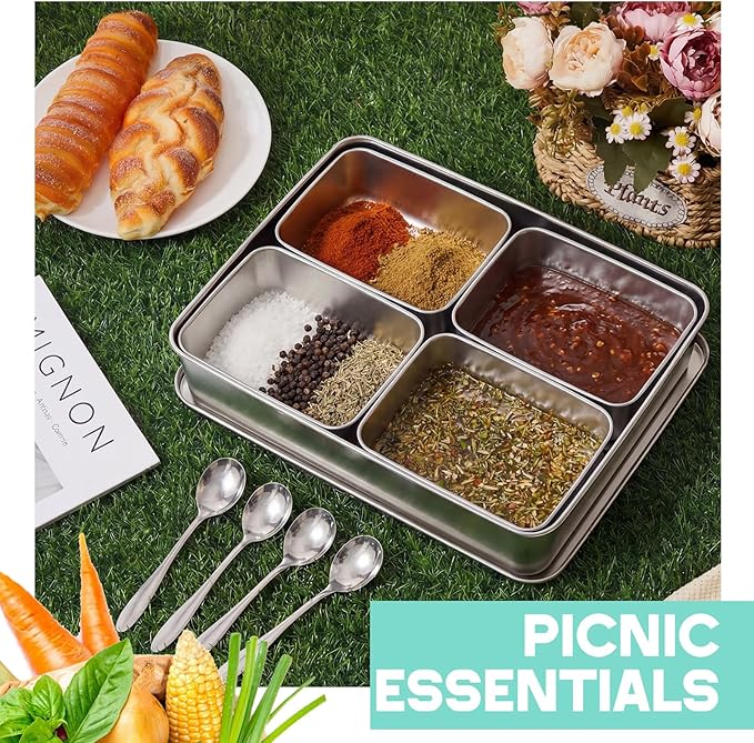 Boao 4 Compartment 304 Yakumi Pans Stainless Steel Seasoning Condiment Container with Lids Spoons, Japanese Yakumi Pans Mini Sauces Salad Dressings Storage for Food, Herbs, Spices
