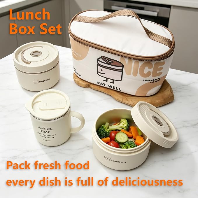 Insulated Lunch Box Set, 4-Piece Stainless Steel Bento Box with Lunch Bag, Coffee Mug, Fork & Spoon, Leakproof Stackable Thermal Lunch Containers, Reusable Food Storage for Home, Office, Outdoor