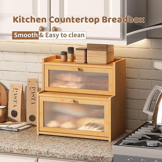 Bread Box for Kitchen Countertop Double Layer Large Corner Bread Box Capacity Bread Storage Bin Farmhouse Breadbox Container Organizer Cabinet Cupboard Nature