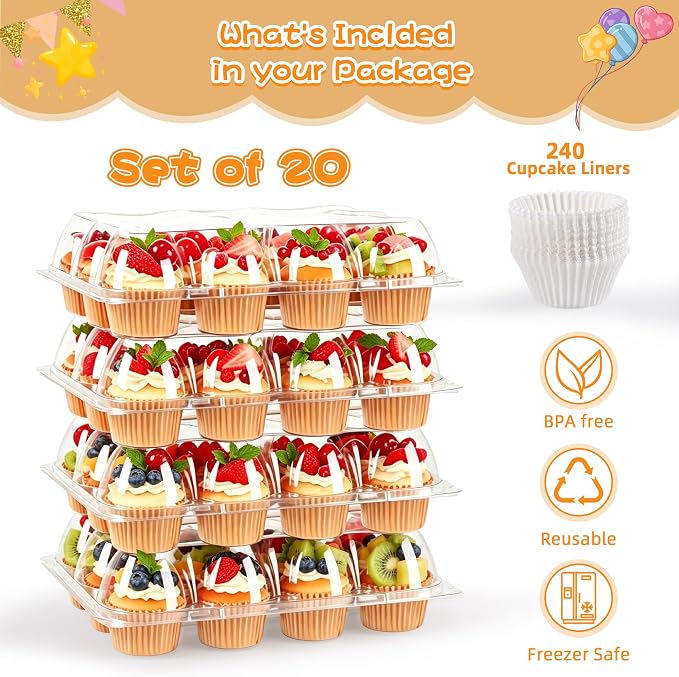 12 Pack x 20 Sets Plastic Cupcake Containers, Stackable Cupcake Boxes Holders with Tall Dome Lid, Disposable Clear Cupcake Carrier Trays for Bakery Transport