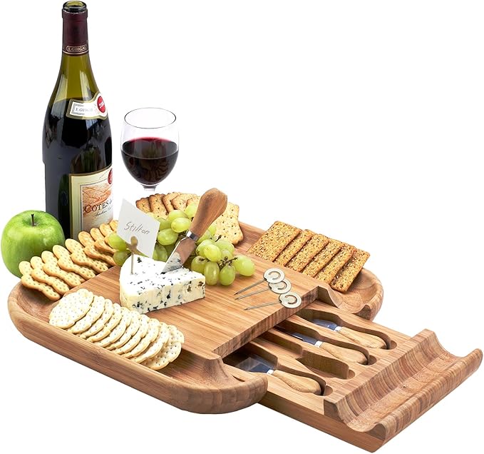 Picnic at Ascot Personalized Monogrammed Engraved Bamboo Cutting Board for Cheese & Charcuterie with Knife Set & Cheese Markers- Designed & Quality Checked in USA