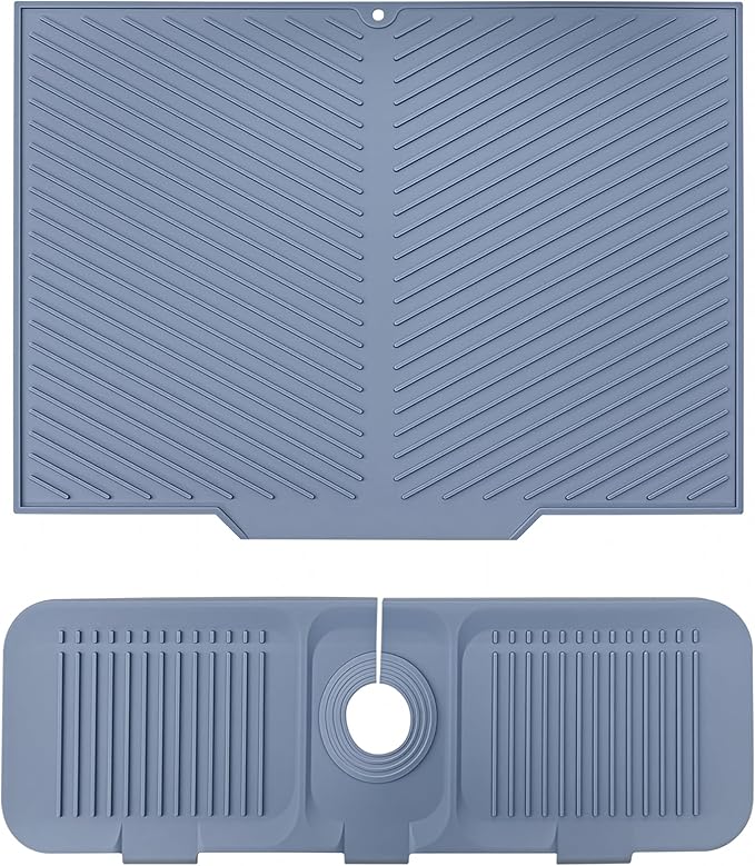 2 Pieces Silicone Faucet Mat for Kitchen Sink and Dish Drying Mat for Multiple Usage , Sink Water Splash Guard , Dish Mat , Draying Mat for Kitchen Counter-Grey