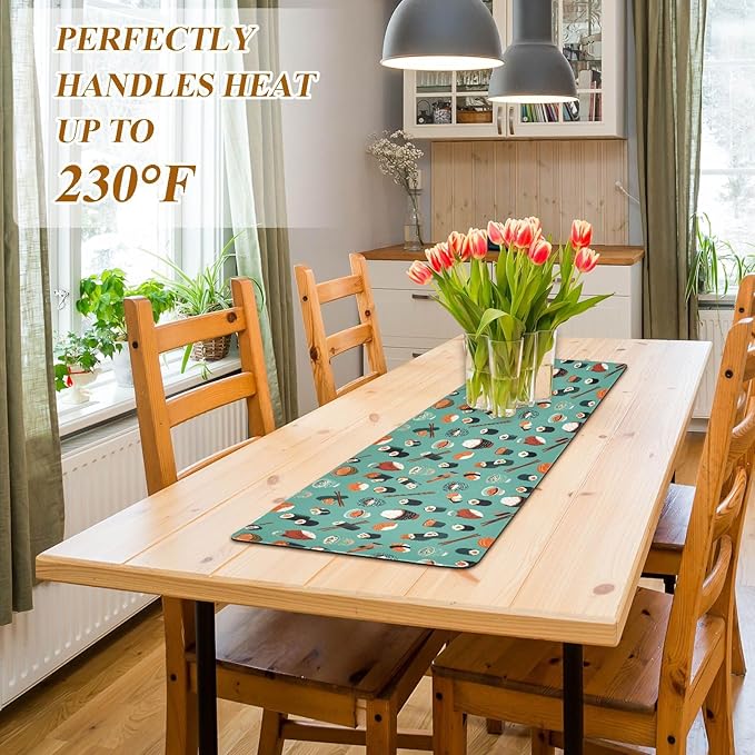 2-in-1 Table Runner Trivet for Hot Dishes Heat Resistant Hot Plate Mat Pad 39x12 Inch Waterproof Table Protector Trivets for Countertop Non Slip Decorative Teal Sushi