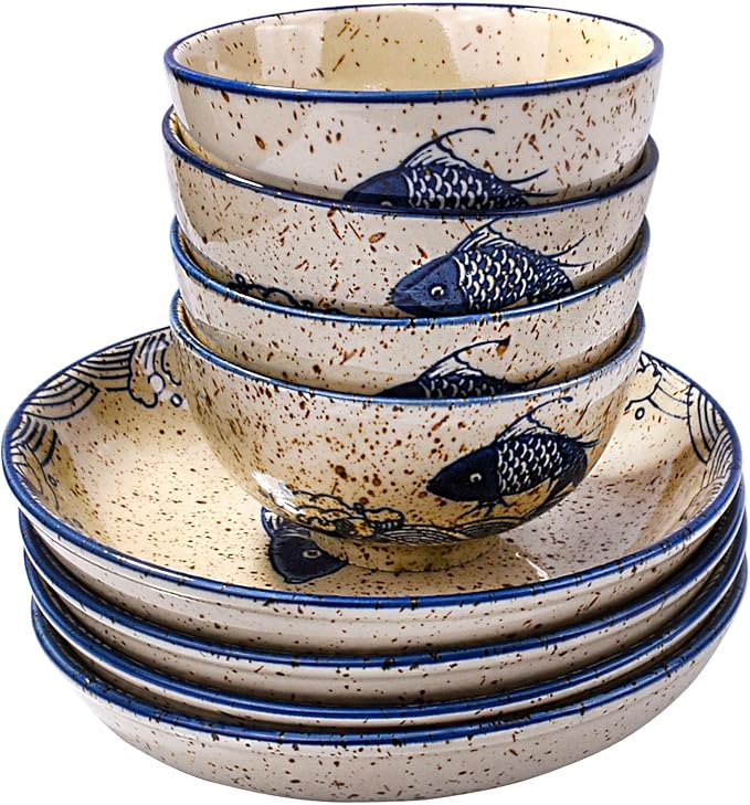 Ceramic Dinnerware Set of 8,4 Pieces 7 Inch Plates and 4 Pieces 4.45 Rice Bowls, Dishwasher & Microwave Safe