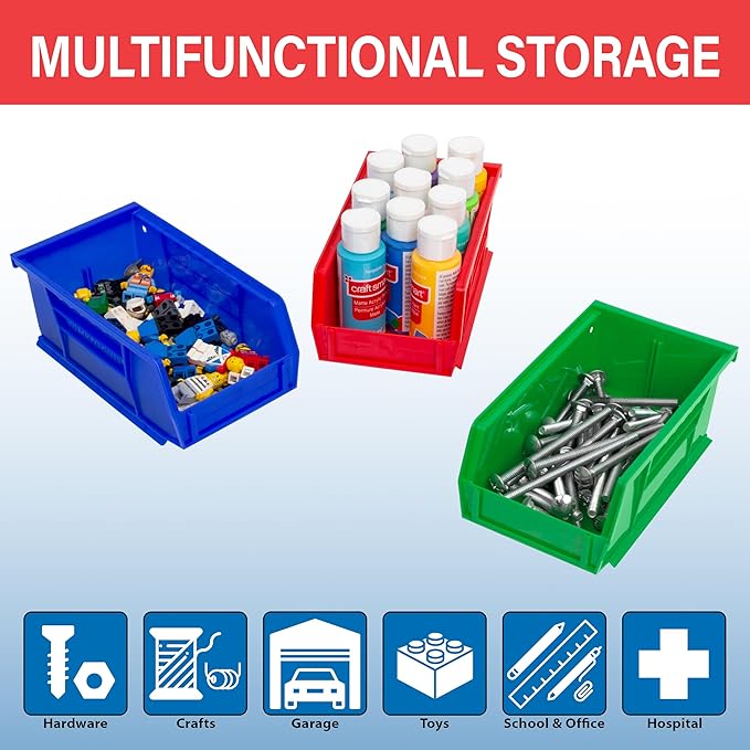 Akro-Mils 30220 AkroBins Plastic Storage Bins, Space-Saving Stackable Bins for Garage, Pantry, Craft Organization, 7" x 4" x 3", Blue, 24-Pack