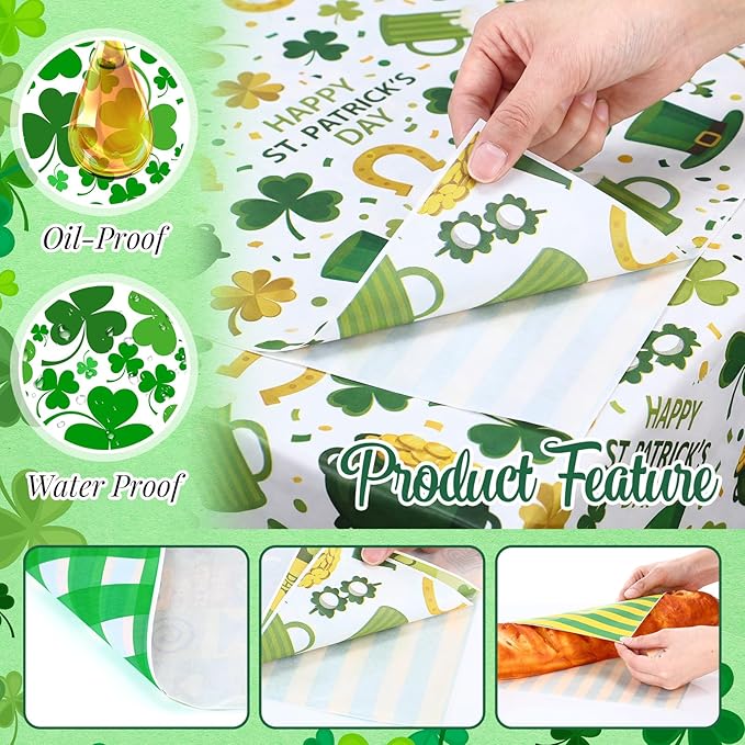 Reallnaive 300 Pcs St. Patricks Day Wax Paper Sheets 12 x 12 Inch Green Shamrock Parchment Deli Tissue Paper Sandwich Wrapping Sheets Food Basket Liners for Kitchen Restaurant Baking Supplies, 6 Style