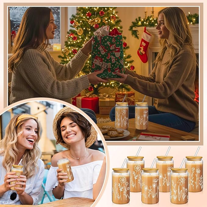 Mumufy 6 Sets Boho Floral Glass Cups with Clear Gift Bag 16 oz Reusable Flower Iced Coffee Mugs Aesthetic Cute Tumbler with Lids and Straws, Gifts for Girls Women Bridesmaid