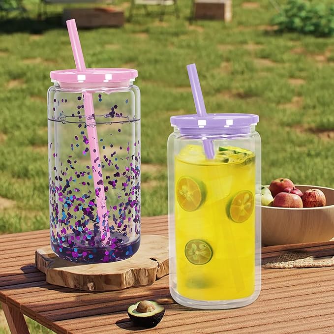 16 oz Acrylic Snow Globe Cups Snow Globe Tumbler Double Wall Snowglobe Tumbler with Pre Drilled Hole Clear Plastic Cups with Colorful Lids and Straws for Iced Coffee Boba Juice Soda 12 Pack