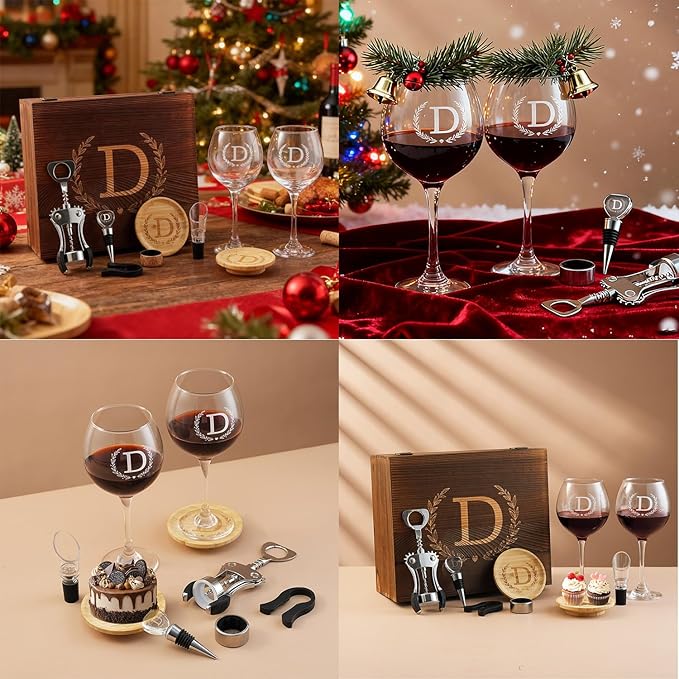 GZLDGIFTS Personalized Initial Wine Glasses Box Gift Set For Women Mom Engraved Birthday Monogrammed Wooden Christmas Gifts Wedding Anniversary Wine Couples Stopper Opener Initial Letterr (M Set)