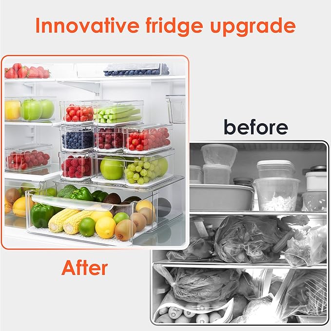 SMRCAD Fridge Organizers and Storage, 8 Pack Clear Freezer Organizer Bins with Lids for Kitchen, Pantry, Refrigerator, Food, Fruit, Vegetable Storage (8 Bins (Include Pull Out Drawer))