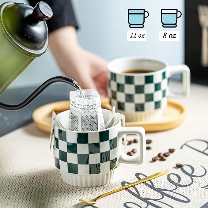 Miamolo Coffee Mugs with Stand and Spoons, Stacking Space-saving | 11oz, Set of 4 | Checkered Coffee Mug with Rack | Housewarming Birthday Gift | Dishwasher Safe | for Home Kitchen Office