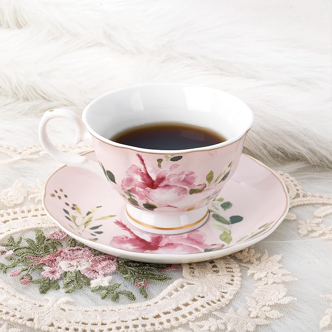 fanquare 5-Ounce Floral Tea Cups and Saucers Set of 6, Assorted Pastel Flowers Porcelain Coffee Cup with Gold Trim, Dishwasher & Freezer Safe