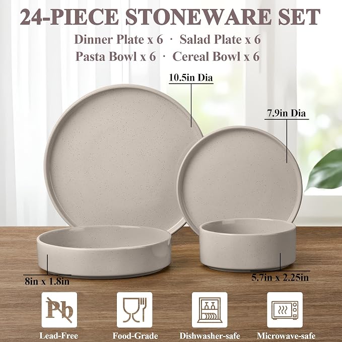 Herogo 24 Piece Plates and Bowls Set, Ceramic Dinnerware Sets with Pasta Bowls, Kitchen Dinner Ware Dishes Service for 6, Chip & Scratch Resistant Dishware, Speckled Coffee Brown