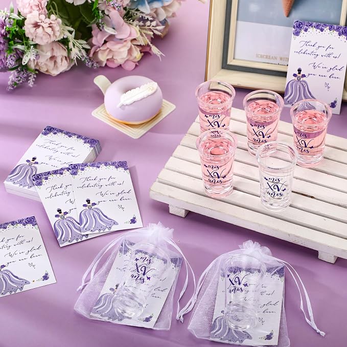 Havawish 50 Sets Quinceanera Party Favors for Guests Quinceanera Acrylic Clear Personalized Shot Glasses Thank You Cards with Organza Bags Mis Xv Años Sweet 15 Birthday Party Favors (Purple)