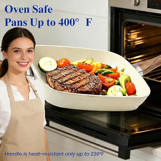 HealSmart 3 Pieces Nonstick Grill Pan Set, Square Cooking Skillets with Wooden Handles, PFOA-Free Multi-size Griddle Pans Fit All Stovetops, Indoor & Outdoor Cooking, 9.5",10.2",11", Beige