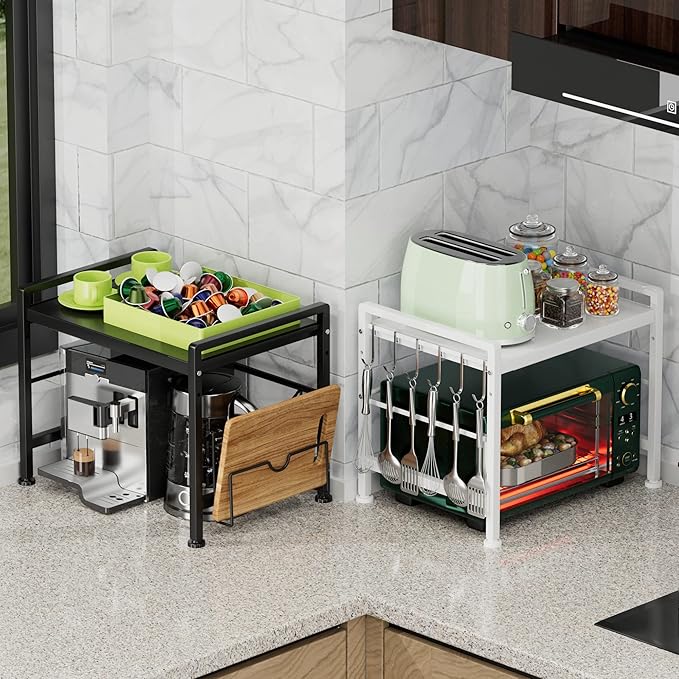 YIUKEA Extendable Microwave Oven Rack - Adjustable Kitchen counter shelf, 2 Tier Microwave Stand (L15.7~23.6" xW12.8 xH17.7) with 6 Hooks for Kitchen Countertop Organizer (White)