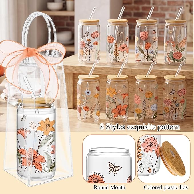 Mumufy 8 Sets Vintage Flower Glass Cups with Clear Gift Bag 16 oz Reusable Colorful Iced Coffee Mugs Aesthetic Cute Tumbler with Lids and Straws, Gifts for Girls Women Bridesmaid
