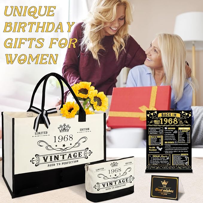 YeohJoy 58th Birthday Gifts for Women Canvas Tote Bag Travel Gear, Unique 58 Years Old Birthday Gifts for Mom Aunt Friends Wife Sister Her, Vintage 1968 Handbag & Cosmetic Bag & Back in 1968 Poster