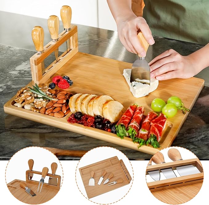 Cheese Board Charcuterie Board Set: Bamboo Cheese Tray Cheese Board Set, Wine Meat Serving Platters with Cheese Knife Set, Charcuterie Boards Gift Set for House Warming, Wedding, Anniversary