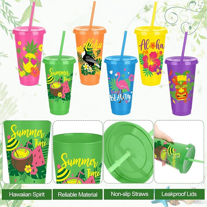 Kochorie 48 Pieces Hawaiian Plastic Cups with Lids and Straws 24 oz Reusable Party Cups Tumblers Bulk Iced Coffee Drinking Cups Water Bottle Travel Mug for Birthday