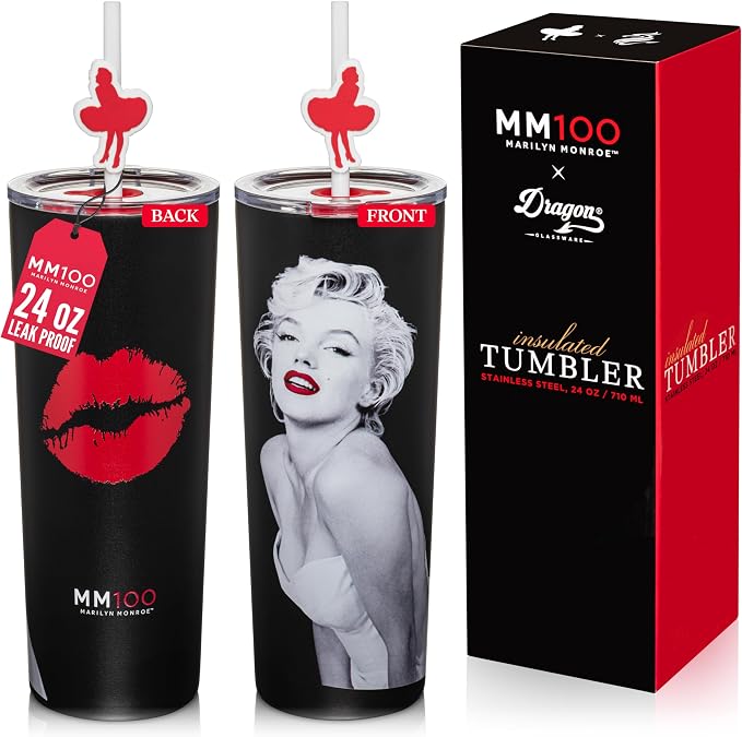 Dragon Glassware x Marilyn Monroe 100th Celebration Tumbler, 24 oz - MM100 | Vacuum Insulated Stainless Steel Tumbler with Straw & Lid; Double Walled Tumbler with Straw Charm; Marilyn Monroe Cup