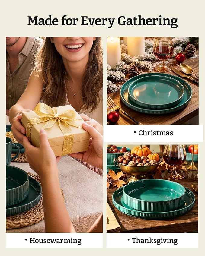 Famiware Star 24-Piece Stoneware Dinnerware Set for 8 – Sage Green, Ceramic Ribbed Plates and Bowls – Modern Rustic Dishes, Everyday & Formal – Chip & Scratch Resistant, Microwave & Dishwasher Safe
