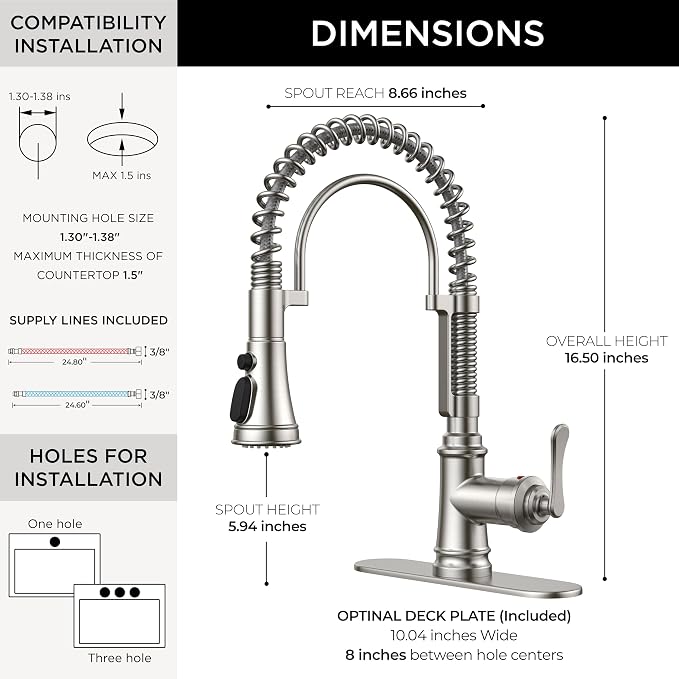 FORIOUS Kitchen Faucet with Pull Down Sprayer, Stainless Steel Single Handle Spring Antique Kitchen Sink Faucet with Deck Plate, Sutiable for Farmhouse, RV, Camper, Wet Bar, Brushed Nickel
