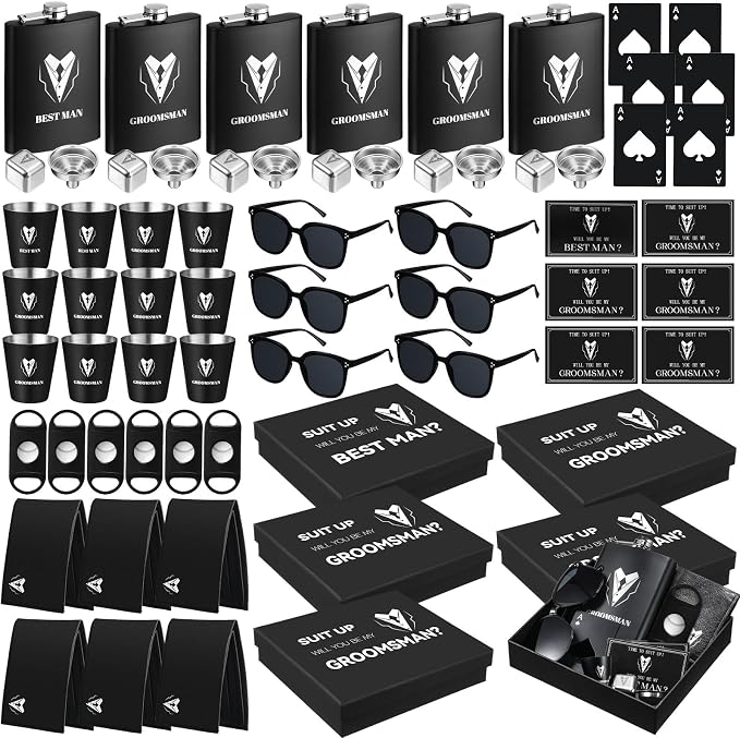 Mimorou 66 Pcs Groomsmen Proposal Gifts - Shot Glasses, Stainless Steel Ice, Flask, Funnel, Gift Boxes, Sunglasses, Knives, Bottle Opener, Cards, Wallets for Wedding Groomsmen Present Set (Retro)
