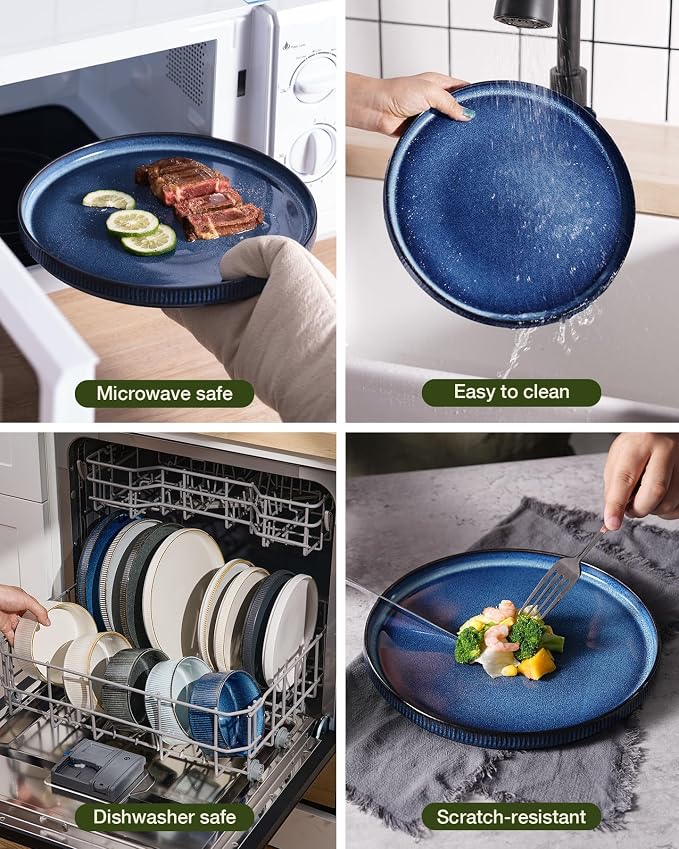 Famiware Star 24-Piece Stoneware Dinnerware Sets for 6 - Shallow Pasta Bowls & Flat Plates, Modern Rustic Reactive Glaze Dishes, Chip & Scratch Resistant, Microwave & Dishwasher Safe, Nebulas Blue