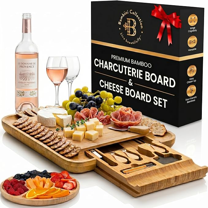 Charcuterie Boards Gift Set - Bambusi Bamboo Cheese Board Set with Serving Tray and Knives, Meat and Cheese Platter for Hosting, Gifts Fot Women, Mom, Wedding, Housewarming, Birthday, Mothers Day