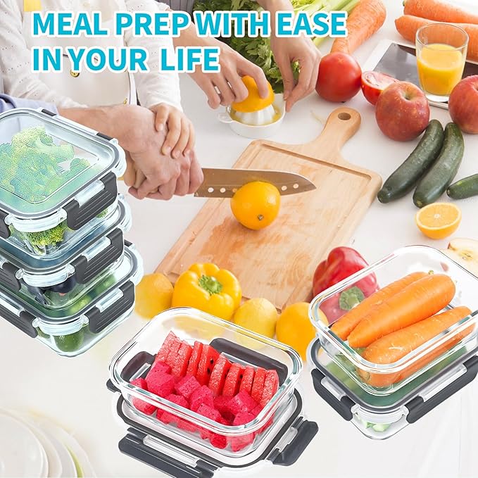 Skroam 10 Pack Glass Meal Prep Containers, 22 OZ Glass Airtight Food Storage Containers with Lids, Pantry Kitchen Storage Containers for Lunch, Food Storage, Meal Prep, Lunch Bento Boxes