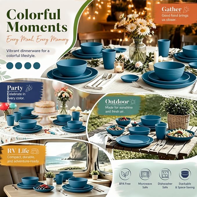 Wrova Kitchen Plates and Bowls Set Service for 8, 40-Piece Wheat Straw Dinnerware Sets Unbreakable Dinner/Salad Plates/Cereal Bowls/Sauce Cups/Cups Set, Dishwasher Safe Daily Living Dinnerware- Blue
