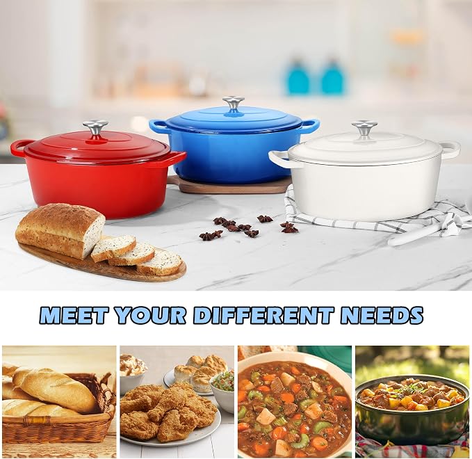 TeamFar 7QT Oval Dutch Oven, Enameled Cast Iron Dutch Oven Pot with Lid, For Bread Baking/Stewing/Braising/Frying, Suitable for Various Stoves, Non-stick & Easy Clean, Blue