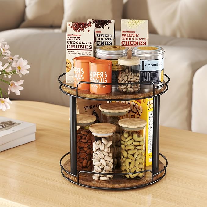 LAMU 2 Tier 9'' Lazy Susan and 10.2'' Wood Lazy Susan Turntable Organizer for Cabinet