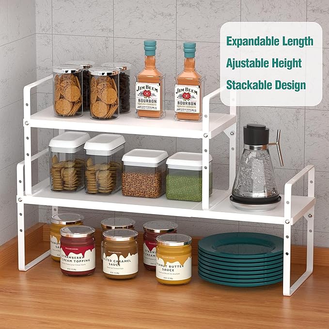 SUZLON Expandable Cabinet Shelf Organizer Rack, Stackable Kitchen Counter Storage Shelves Stand, Adjustable Height Pantry Shelf Spice Rack, Heavy Duty Nonslip White Small 1Pack