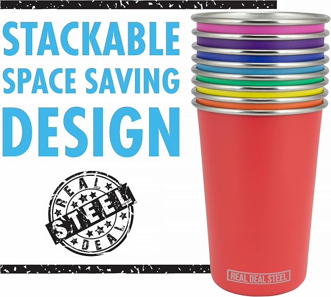 Real Deal Steel Rainbow Cups 16 oz Pint Cups, Stackable Tumblerrs, Eco Friendly Premium Metal Drinking Glasses